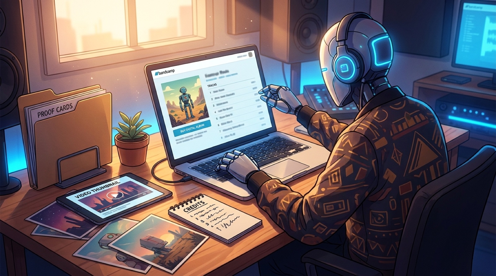 Full-color music creator desk with a Bandcamp release page, album art, proof folder cards, credits, and video thumbnail assets.
