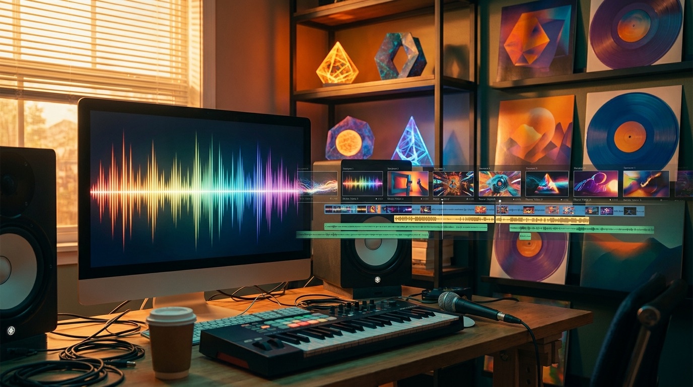 Colorful home music studio where a song waveform turns into a cinematic AI music video timeline