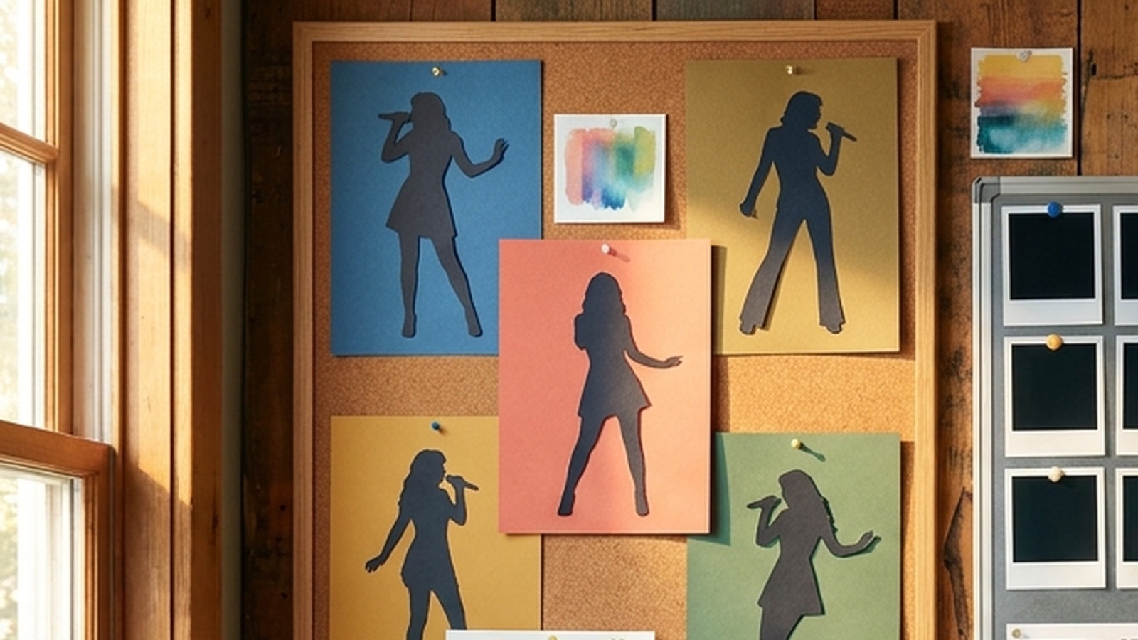 A full-color studio board with recurring singer silhouettes, blank thumbnail frames, and color swatches for one AI artist visual world.