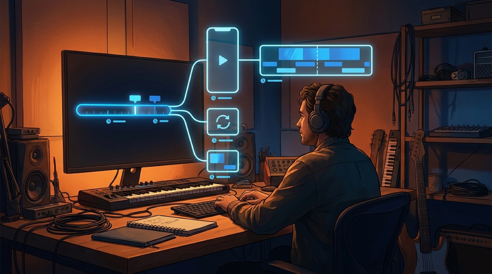 Full-color illustration of an AI music creator choosing between a full music video, a vertical hook, a short loop, and a release-page preview before rendering.