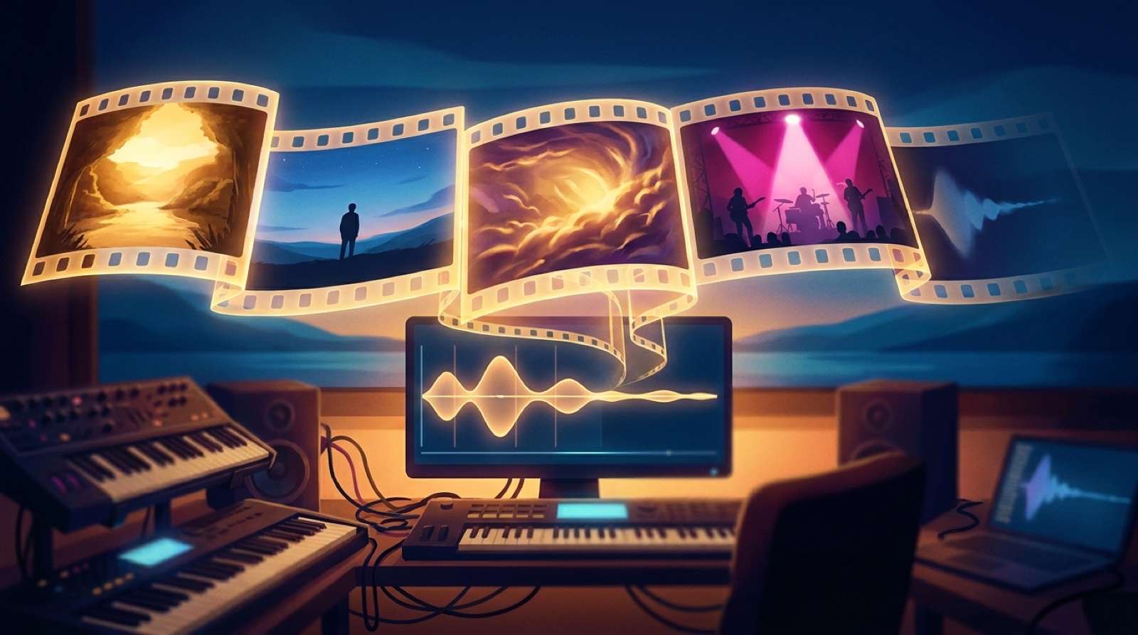 Full-color storyboard wall where a finished AI song becomes a connected cinematic music video arc with opening world, central image, rising tension, chorus payoff, and final echo.