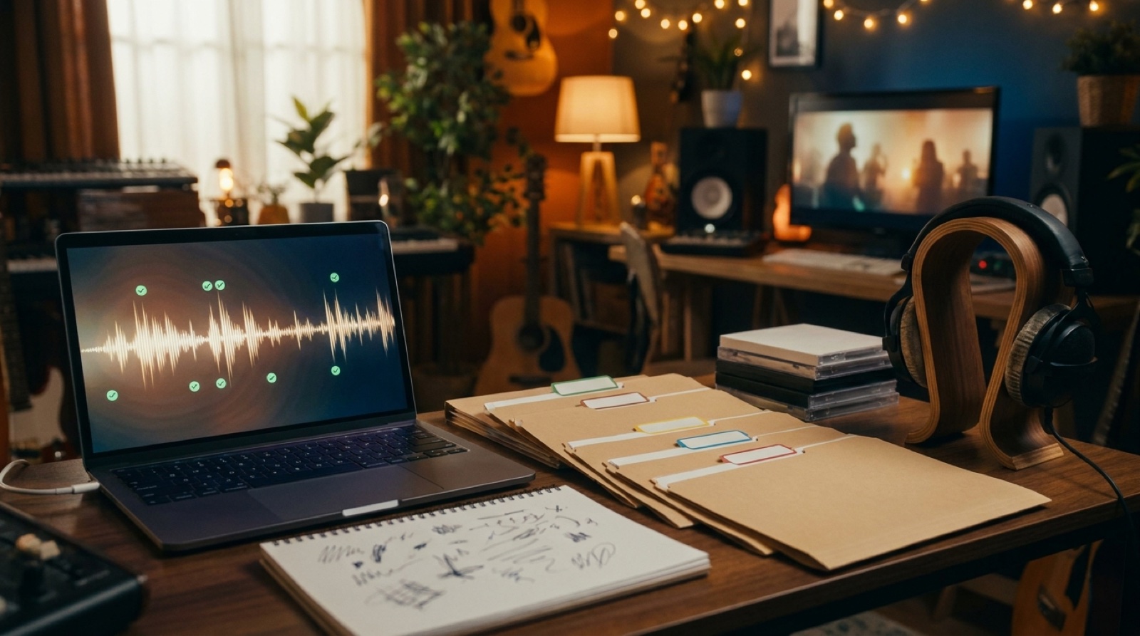 Full-color desk scene with audio, video, cover art, credits, and proof files arranged around an AI music Content ID release checklist.