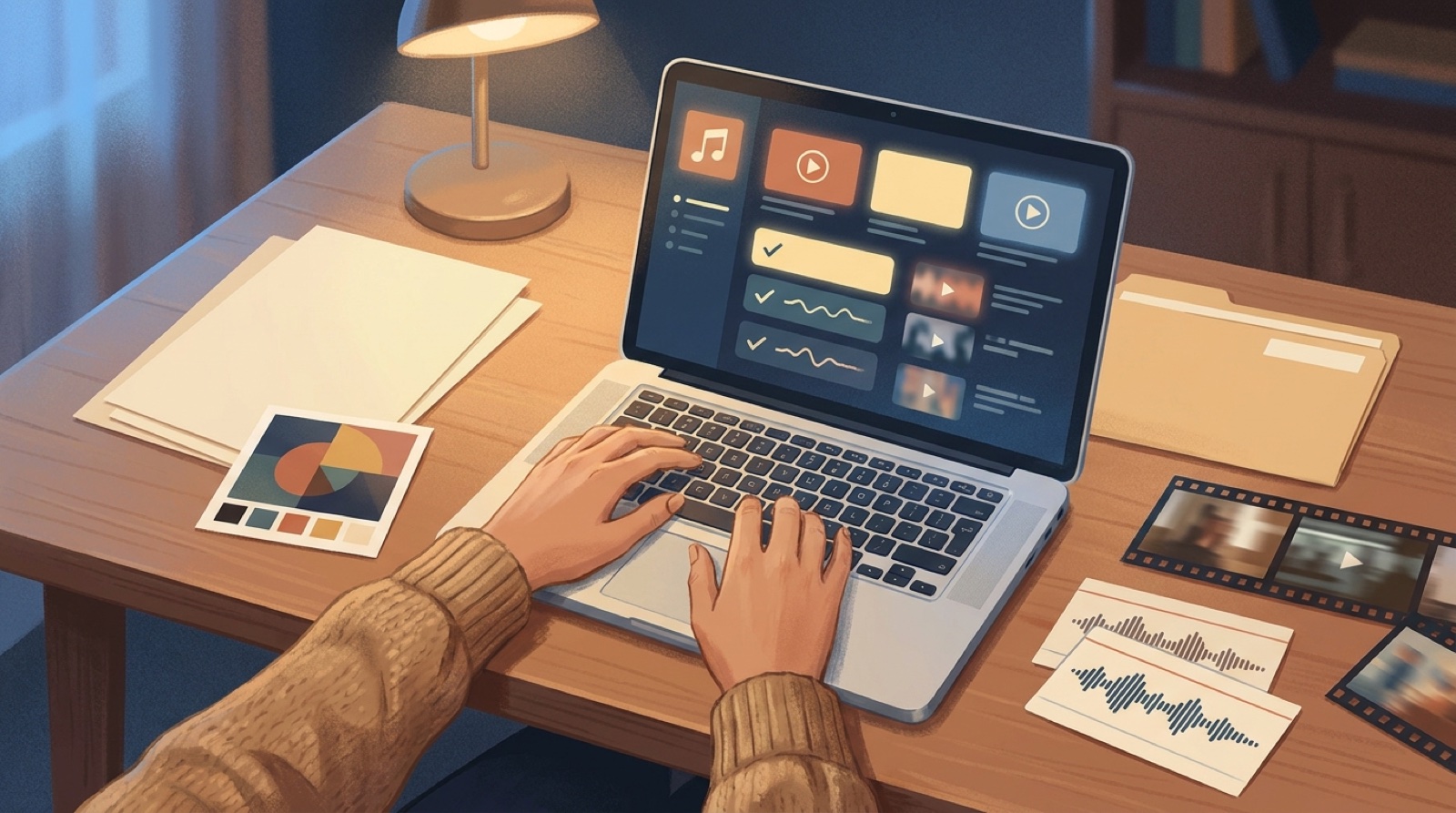 Full-color studio illustration of an AI music creator preparing a distributor upload checklist with song files, cover art, video frames, credits, and proof notes.