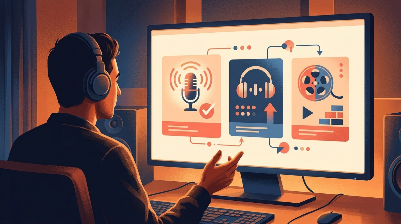 A music creator compares abstract song options for a full music video release in a warm studio.