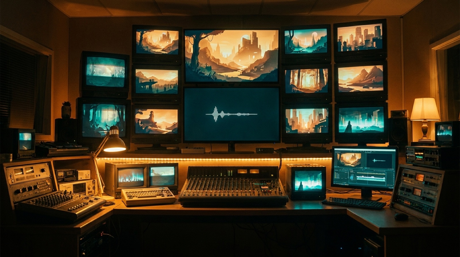 Faceless music channel studio with connected cinematic scenes across many screens