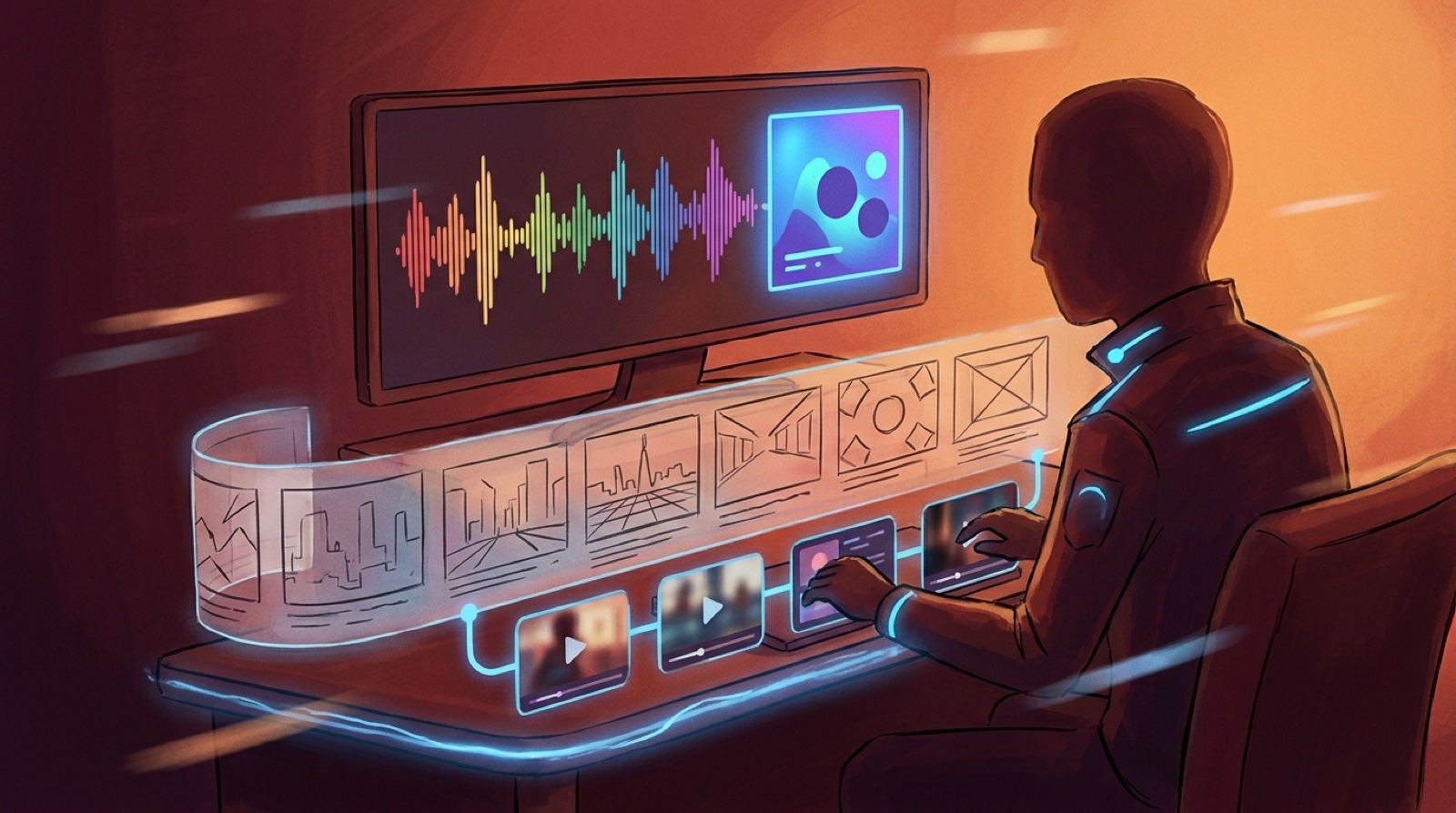 Full-color illustration of a Suno creator turning one finished song, cover image, storyboard strip, and short clips into a connected music video workflow.