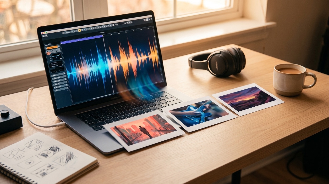 Colorful studio desk where an audio waveform becomes a cinematic AI music video storyboard