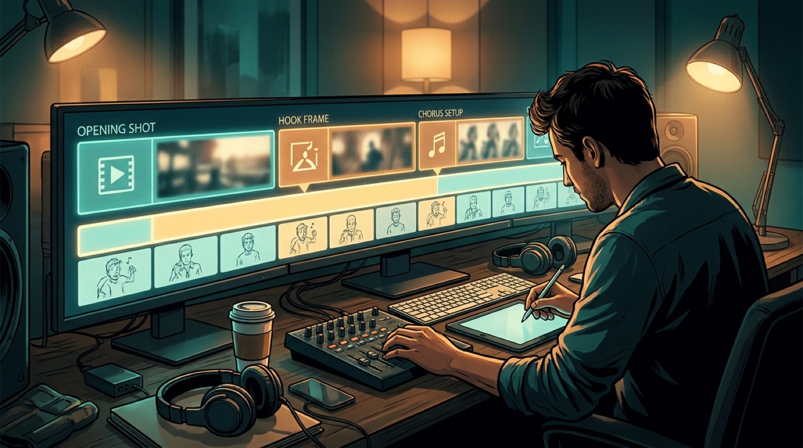 Music creator planning the first 30 seconds of an AI music video with connected opening shots, chorus setup, and consistent visual anchors