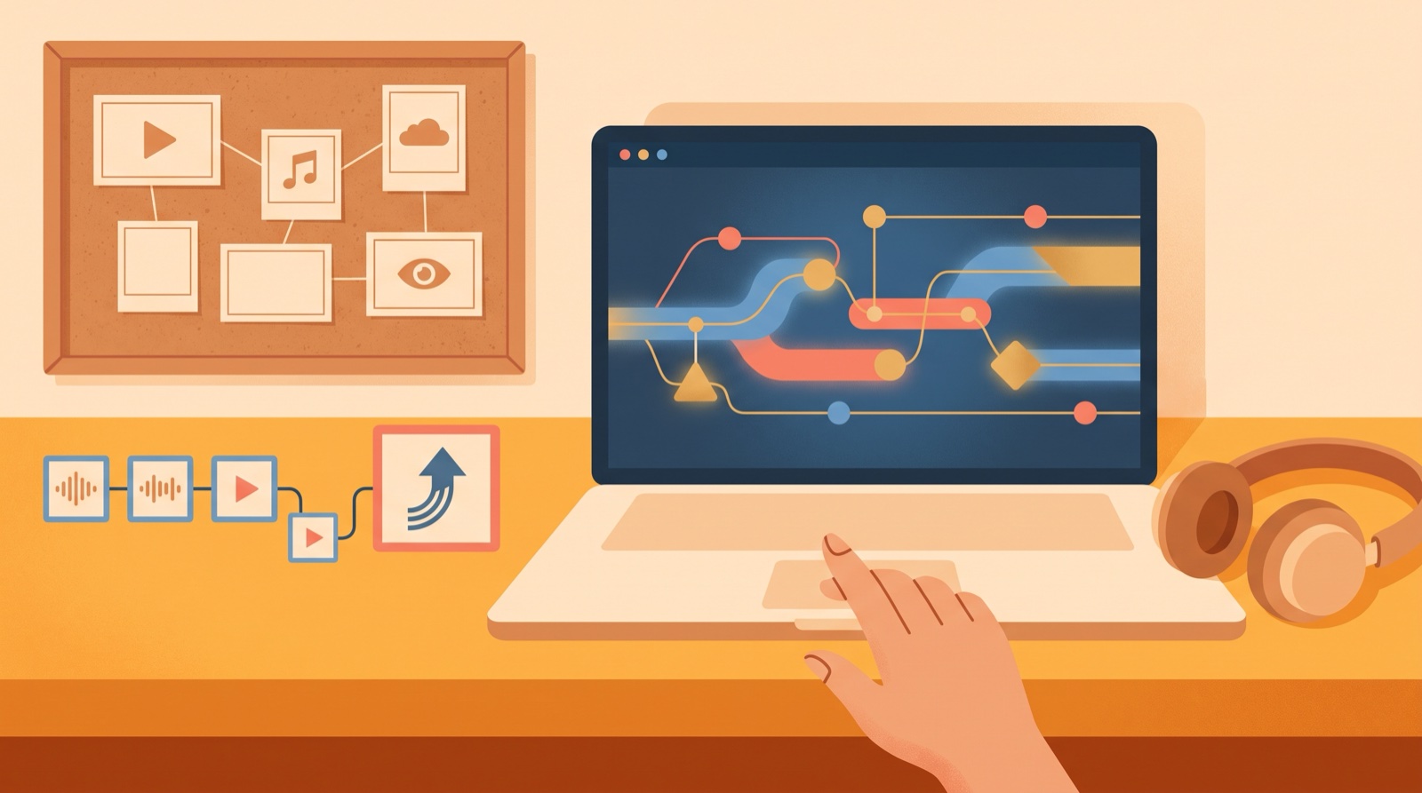A creator plans a first AI music video with a laptop, headphones, storyboard icons, and connected release frames.