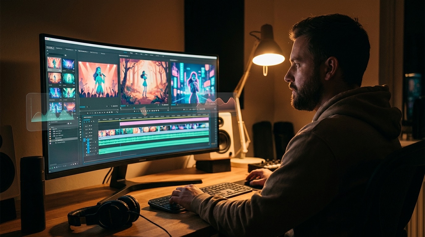 Colorful studio monitor showing one singer across a coherent full-length AI music video timeline