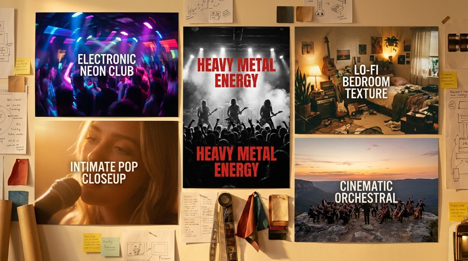 A colorful studio wall showing different visual treatments for electronic, pop, metal, lo-fi, and cinematic music videos.