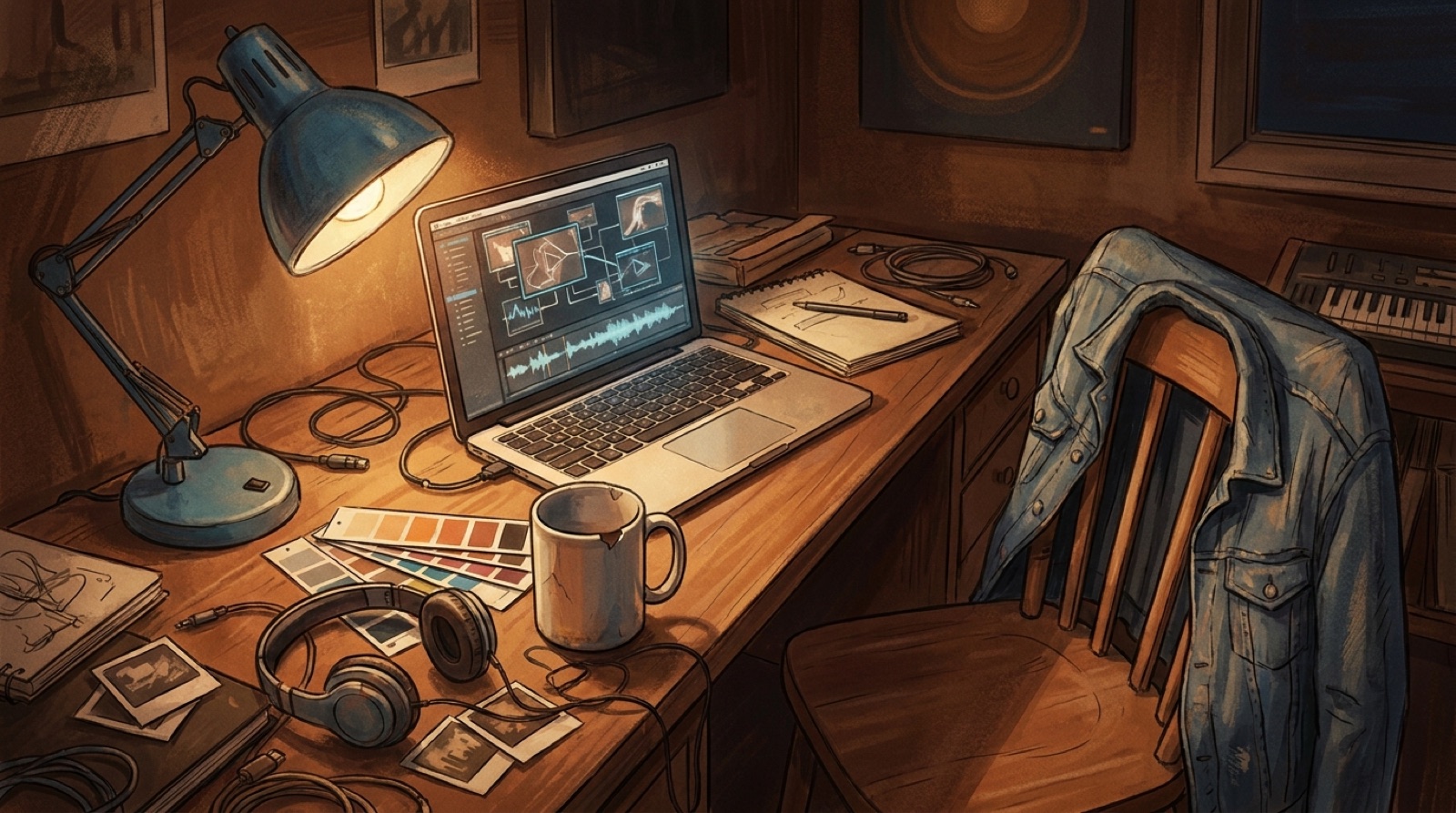 Full-color creative studio scene with AI music video frames, a blue desk lamp, a worn jacket, headphones, and small release details that make the visuals feel human.