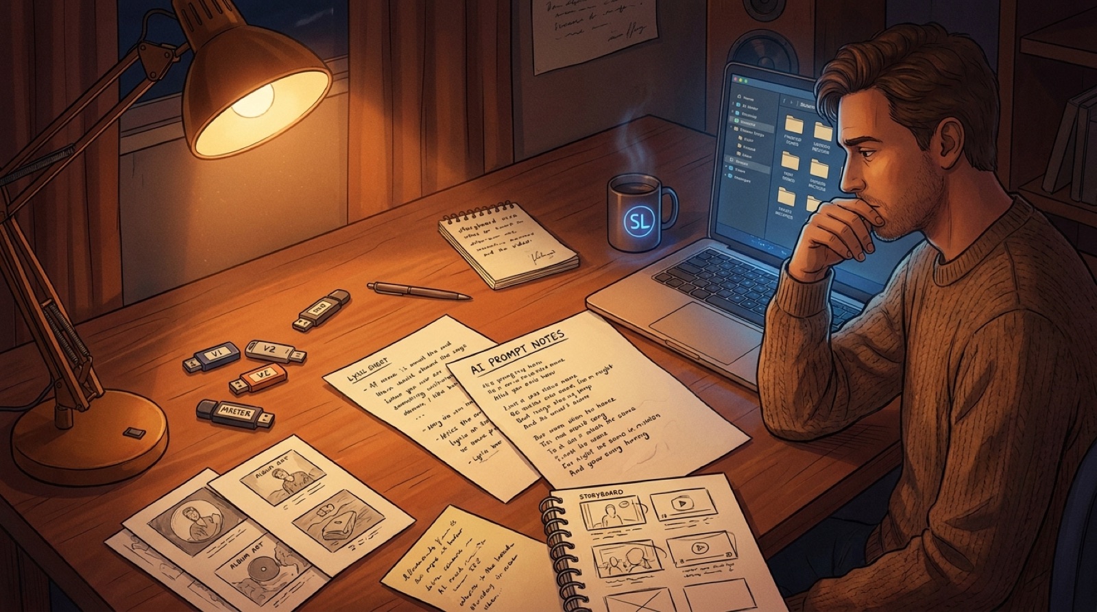 An AI-assisted musician organizes song files, prompt notes, lyric sheets, cover art, and video storyboard frames before release day.