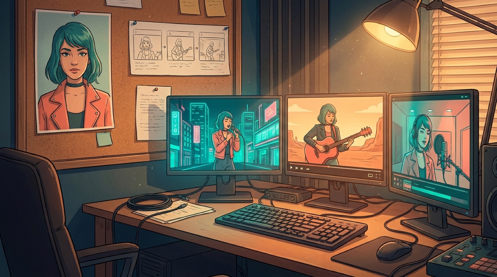 A music creator uses one reference portrait to keep the same fictional singer consistent across colorful AI music video scenes.