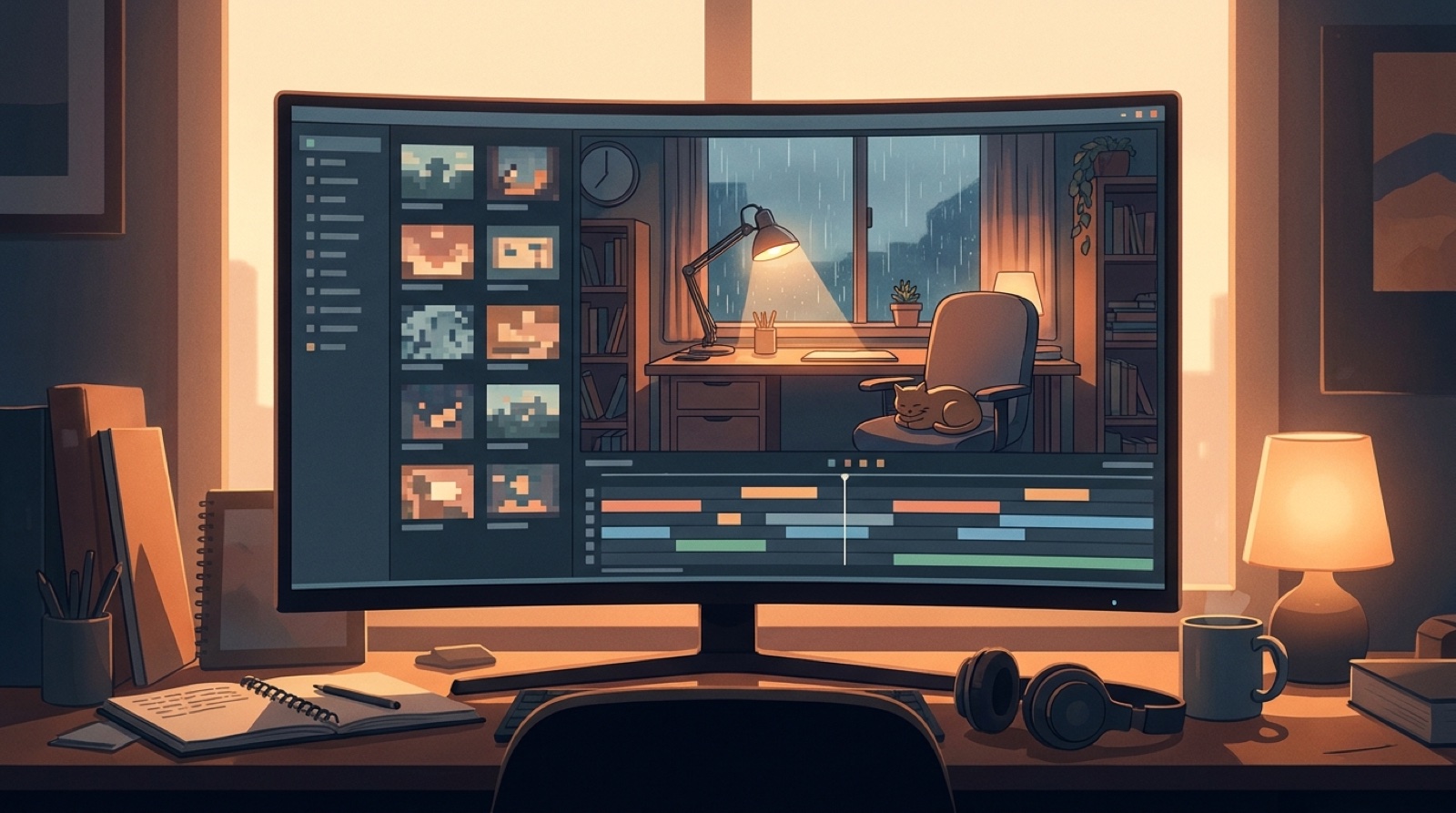 Full-color lofi music video production scene with a cozy desk loop, rainy window, channel thumbnails, and a timeline for recurring ambient visuals.