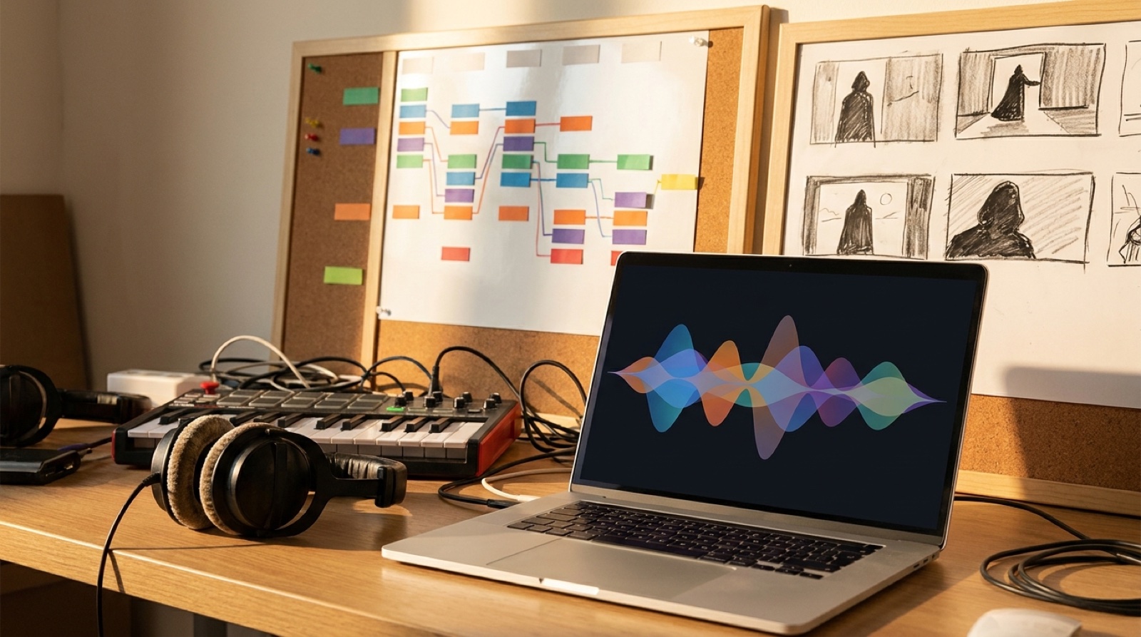 Full-color creative studio scene showing one AI song planned as lyric timing cards on one board and story scenes on another.