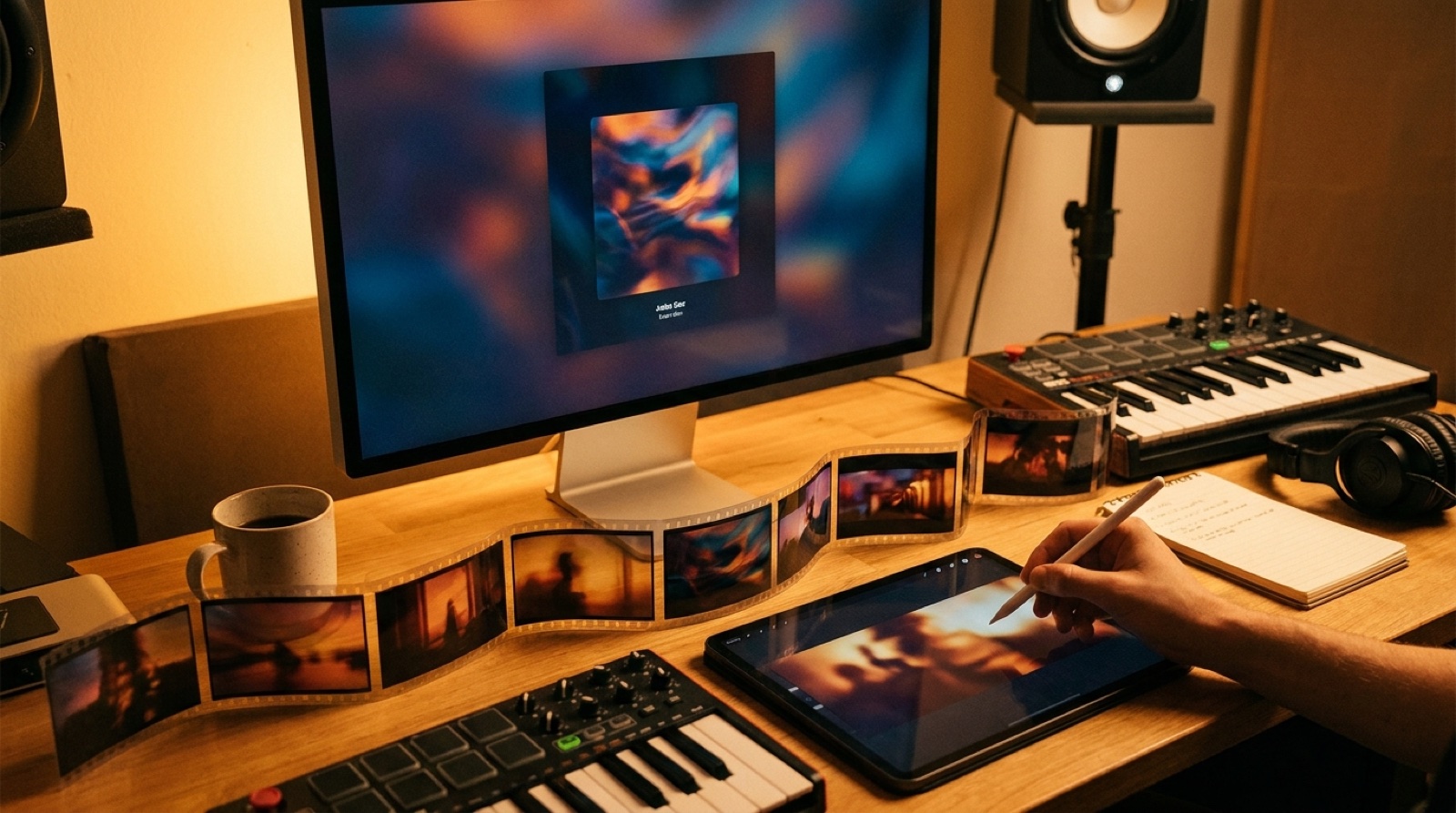 A music creator expands album cover art into connected music video scenes in a warm studio.