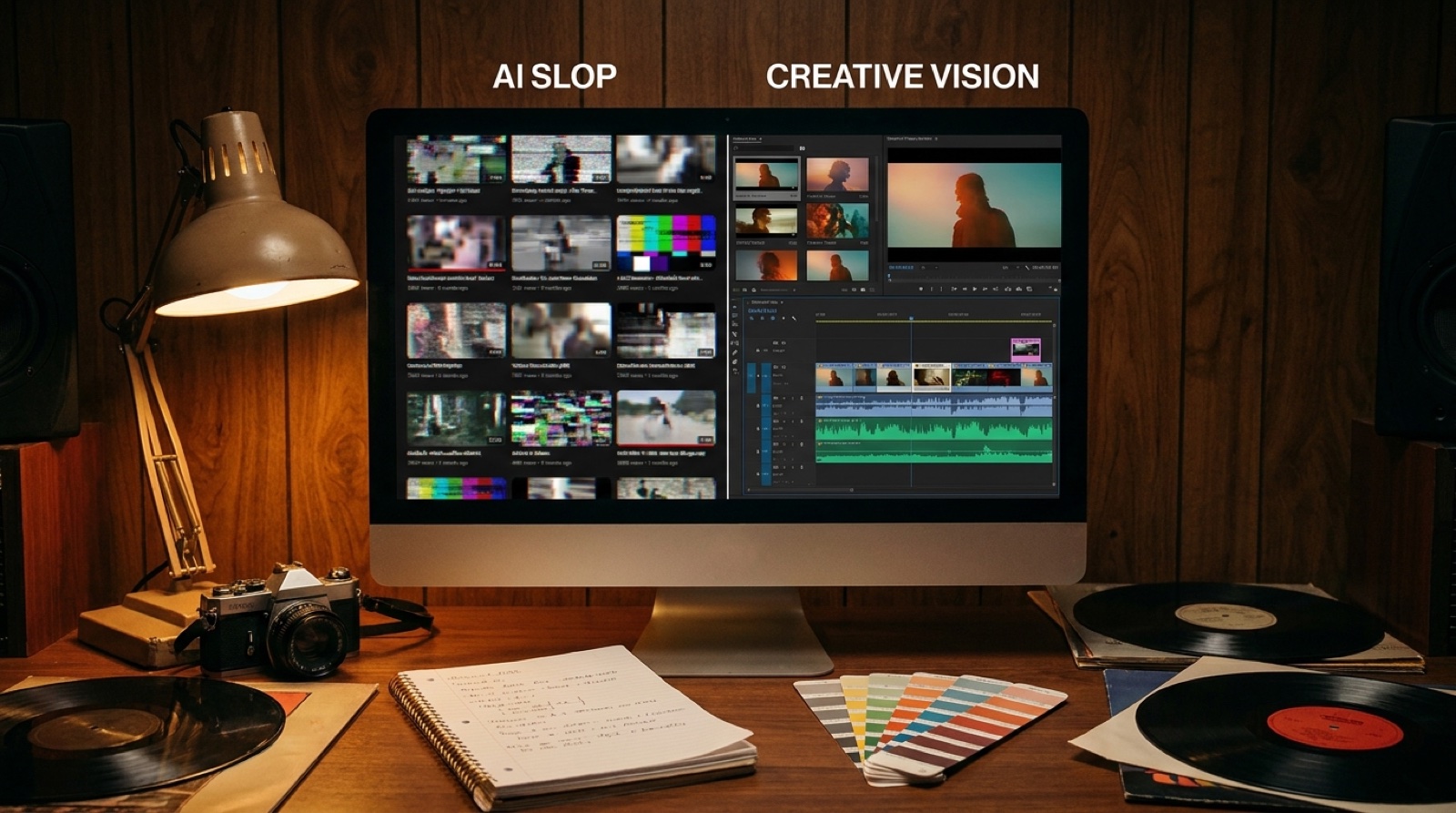 A creator compares scattered generic AI clips with a cleaner connected music video timeline for one song release.