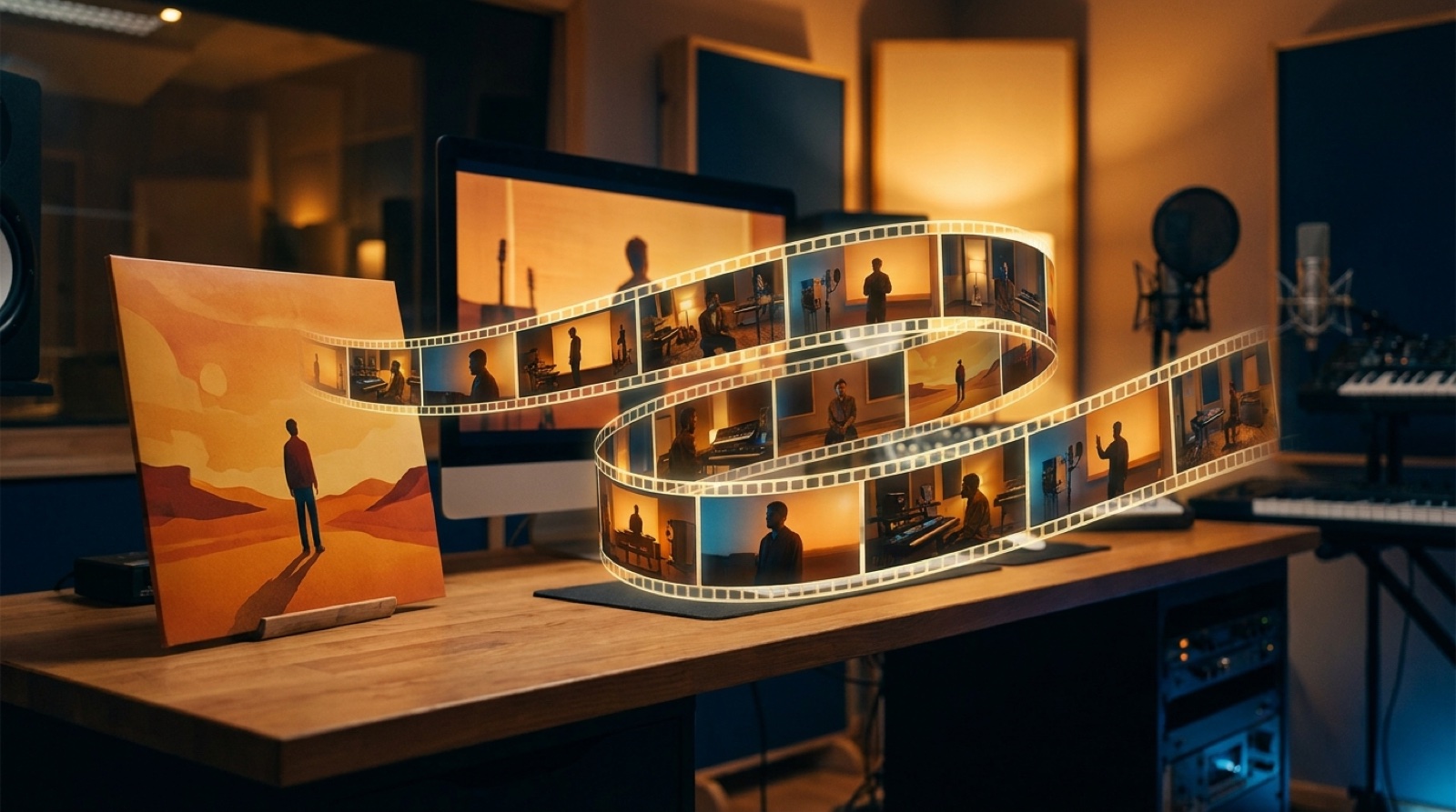 A cover image expanding into connected music video scenes on a timeline