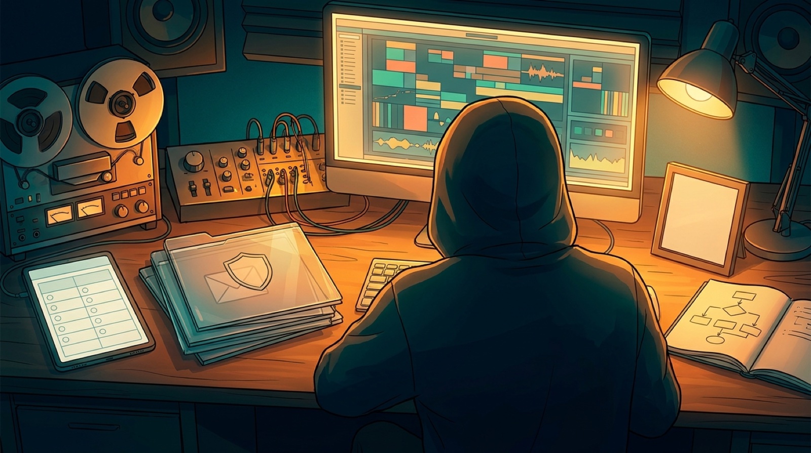 Full-color studio illustration of an AI music creator organizing a waveform, video timeline, thumbnail, credits note, and proof folder into one credible release package.
