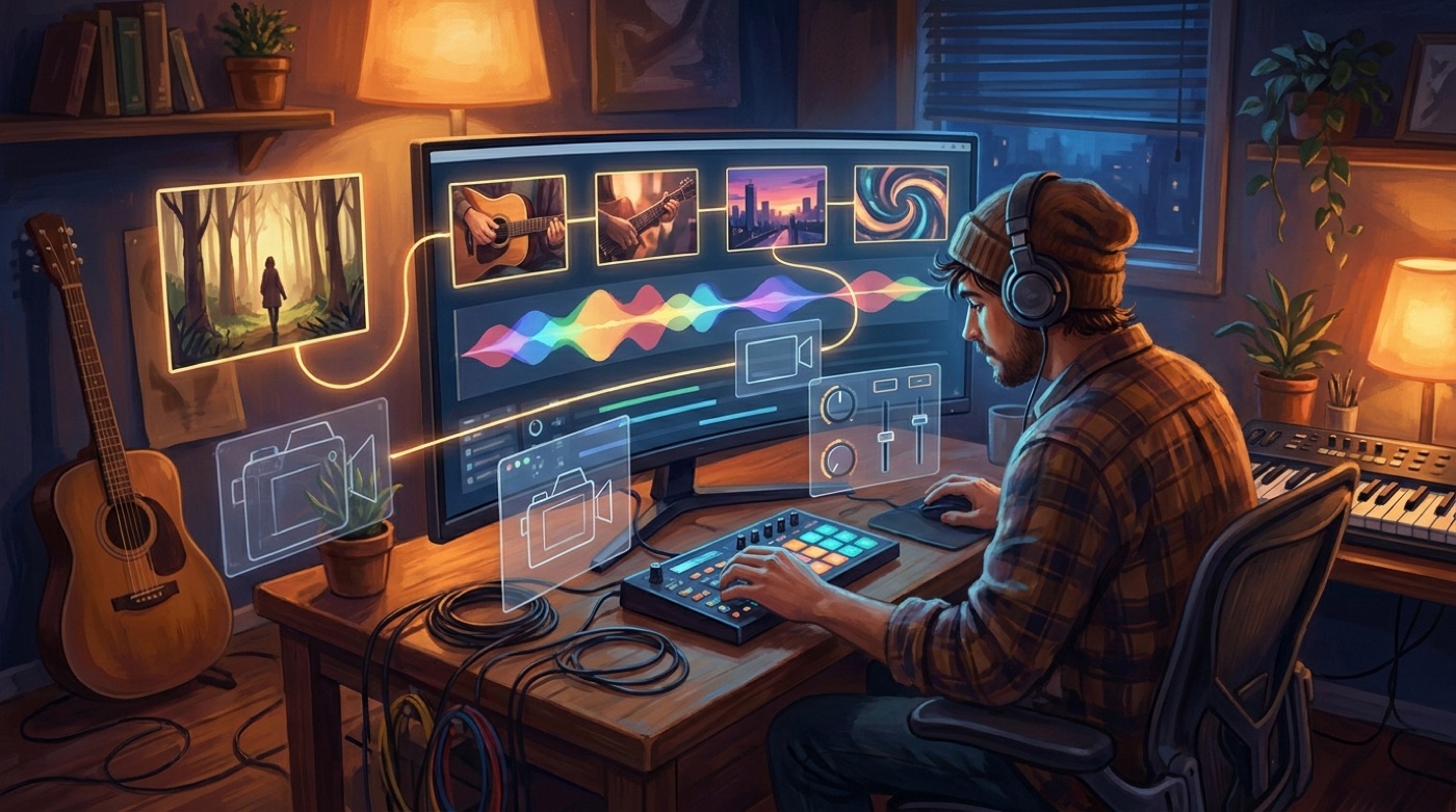 Colorful home studio where an artist turns a finished song into a coherent AI music video storyboard