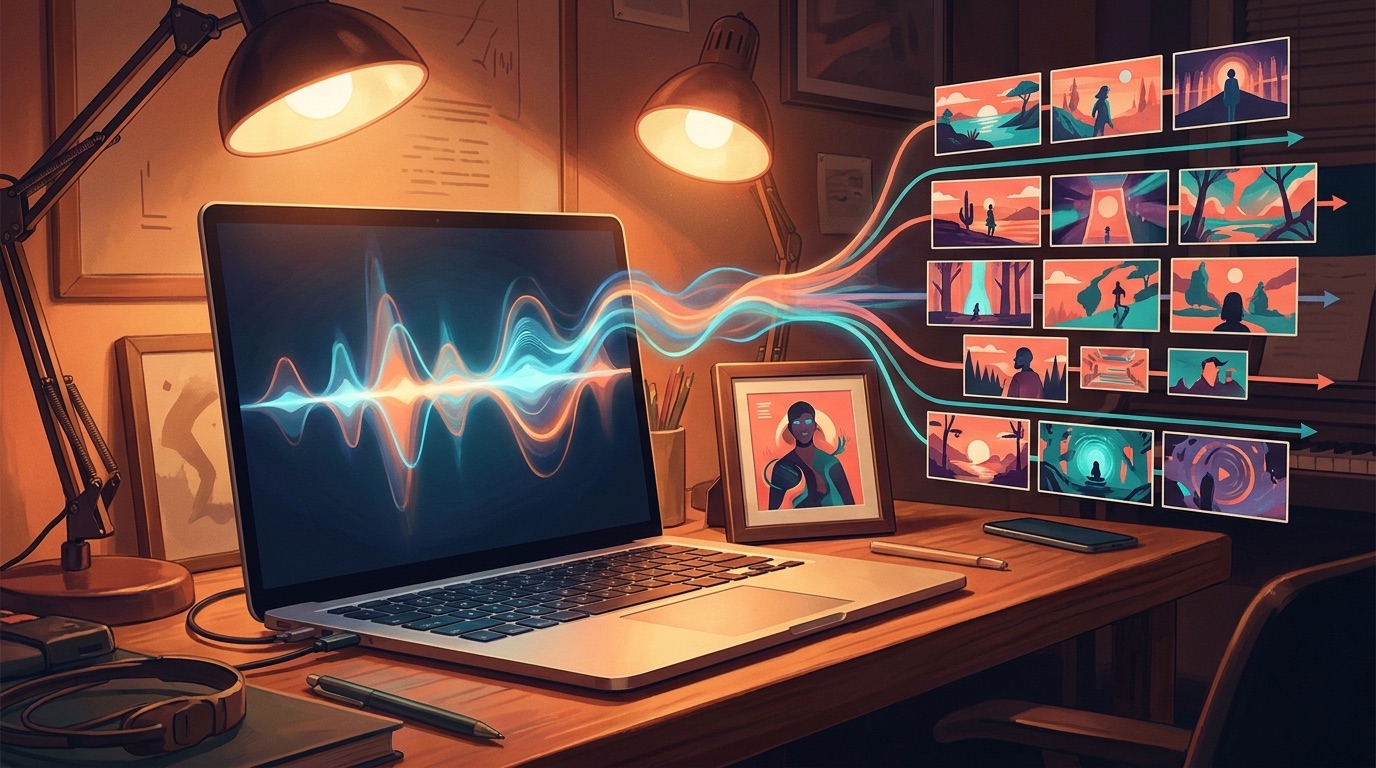 Colorful music production desk where an audio waveform turns into a cinematic AI music video storyboard