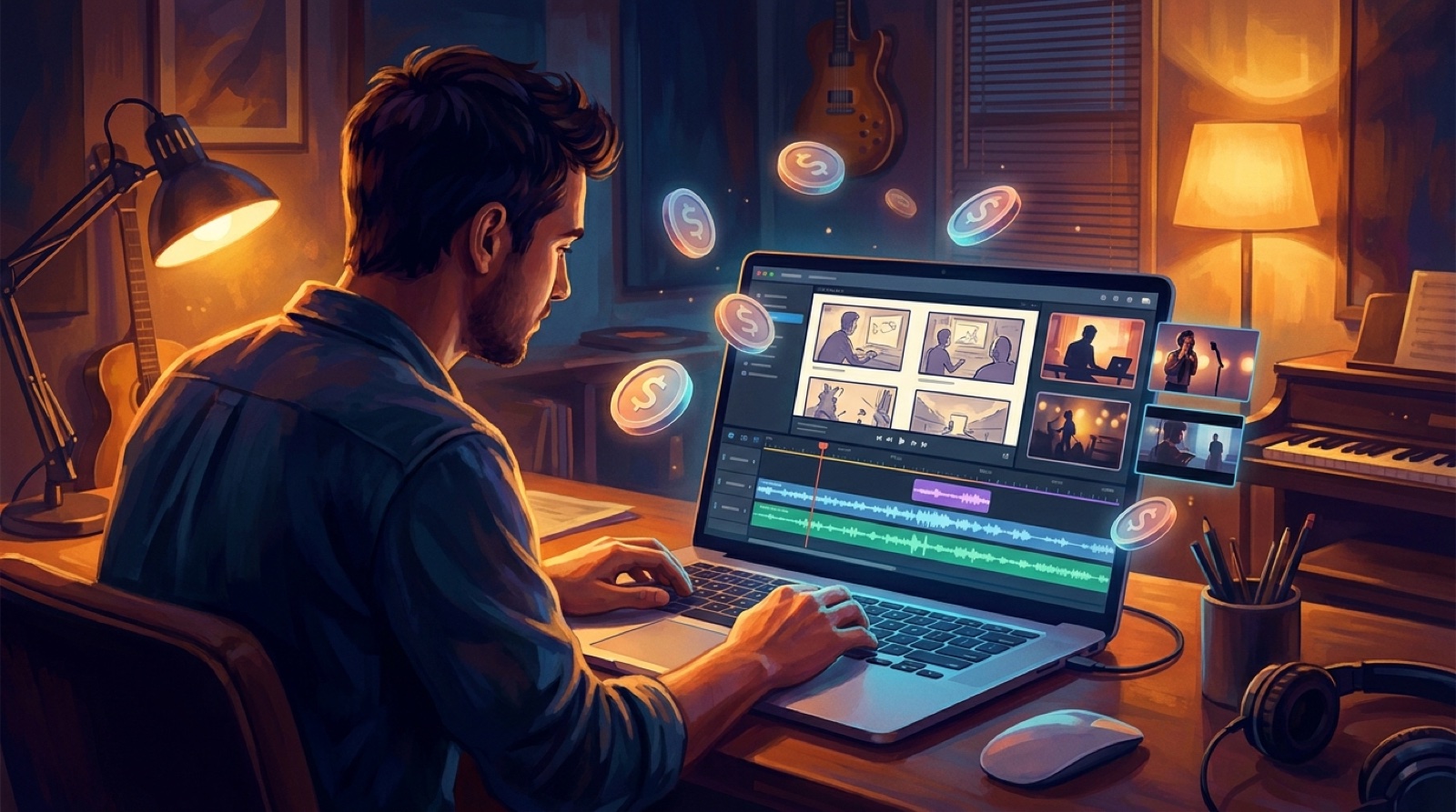 Musician reviewing a finished song timeline that becomes an AI music video storyboard