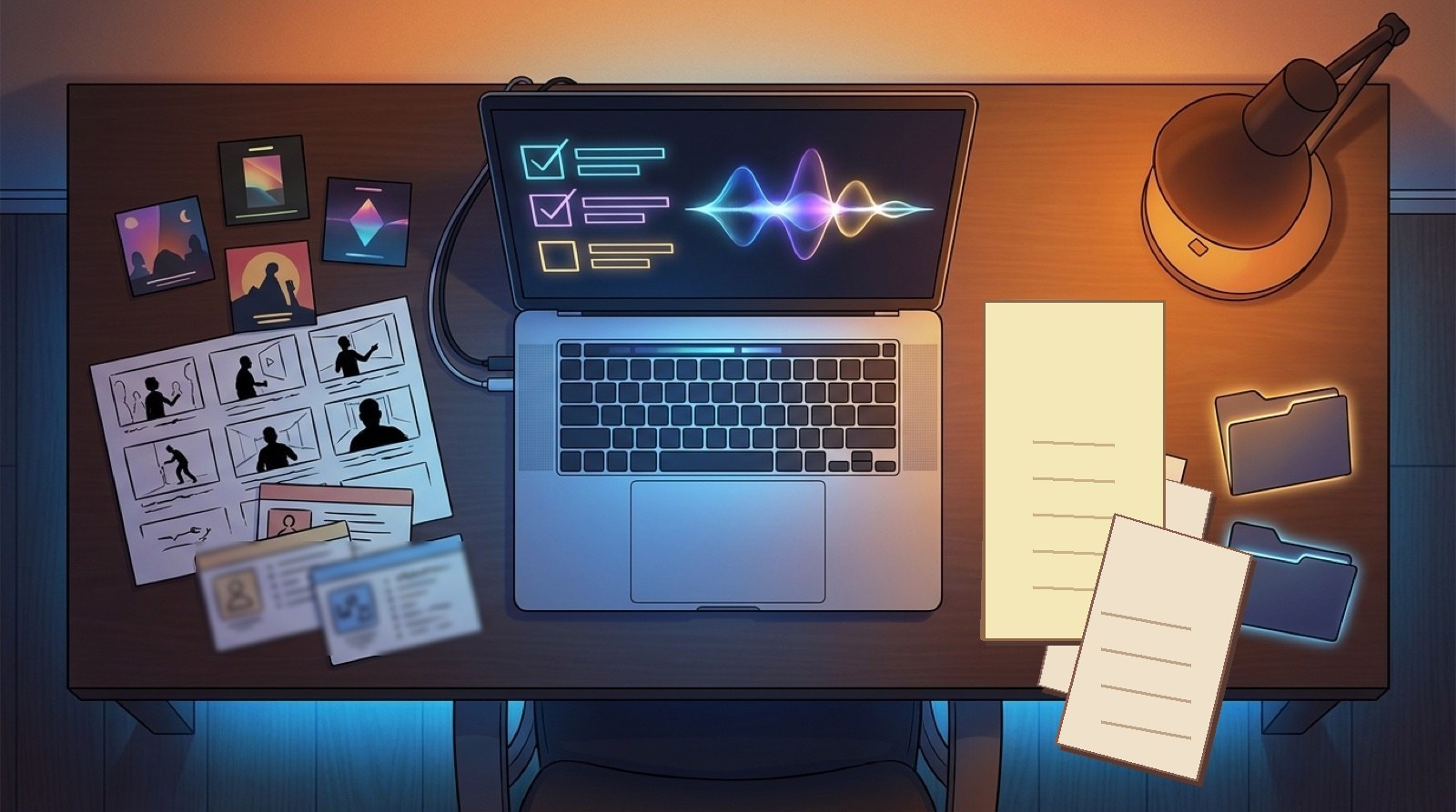 Full-color illustration of an AI music creator organizing distributor review files, audio, cover art, video storyboards, credits, folders, and release notes on a studio desk.