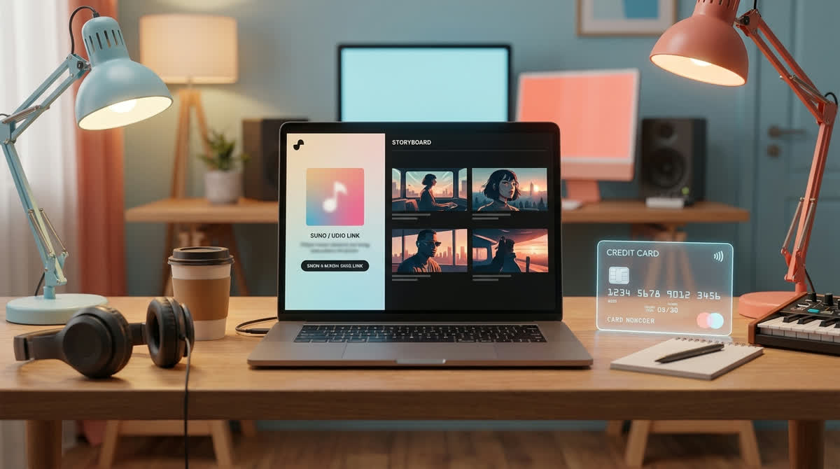 Colorful AI music video generator workflow with song link, storyboard, and credit card