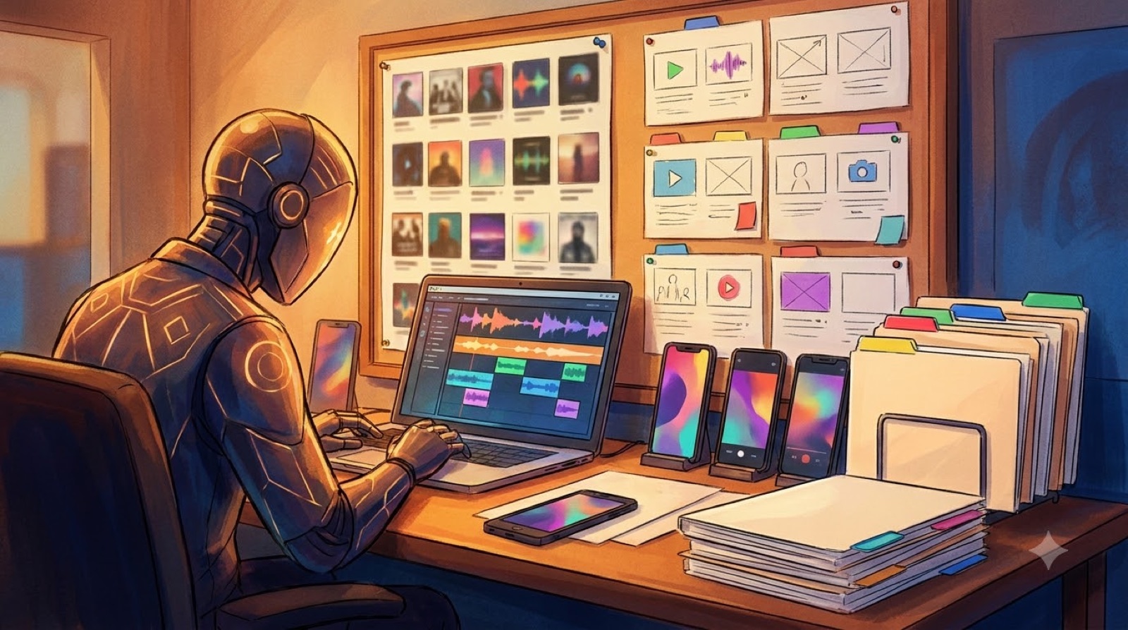 Full-color creative studio desk with abstract music video timelines, cover art frames, and release assets prepared for launch day.