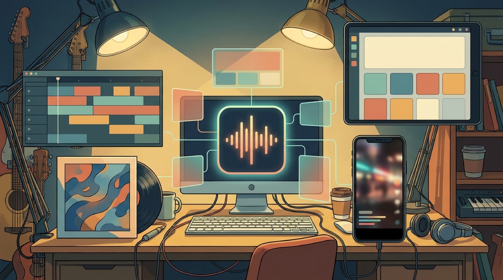 A music creator turns one finished song into connected release video assets across a studio planning board.