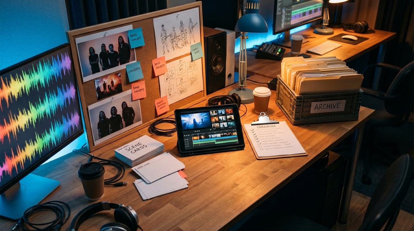 Full-color small label production desk with song waveform, approval board, scene cards, video timeline, checklist, and release archive for an AI video assembly line.
