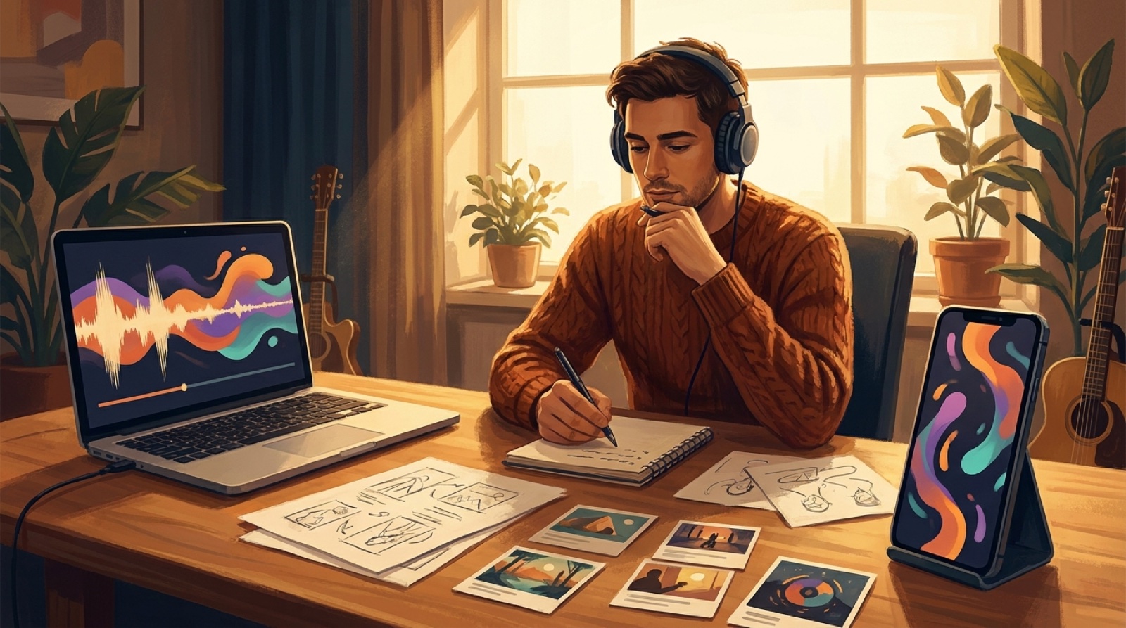 An artist planning a Spotify Canvas loop for AI music with a song waveform, vertical phone preview, and release image cards on a studio desk.