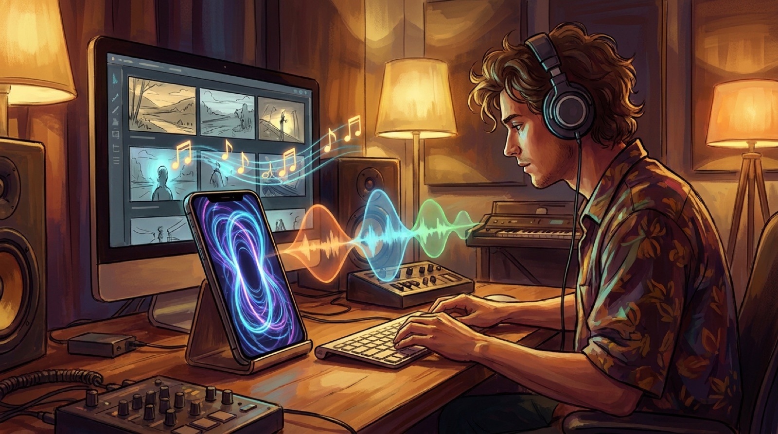 An AI musician comparing a small looping Canvas-style visual with a full widescreen music video storyboard