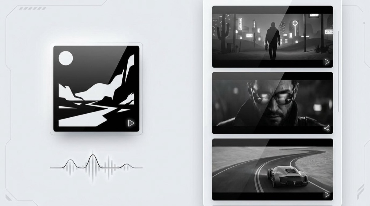 Static album cover turning into a multi-shot music video storyboard