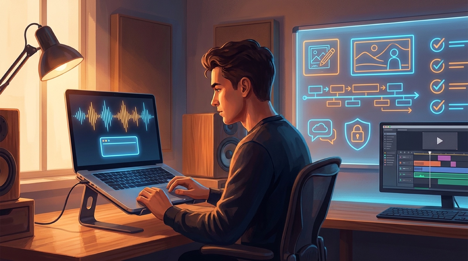 Full-color illustration of a music creator turning a pasted song link, waveform, planning board, and timeline into a complete music video release plan.