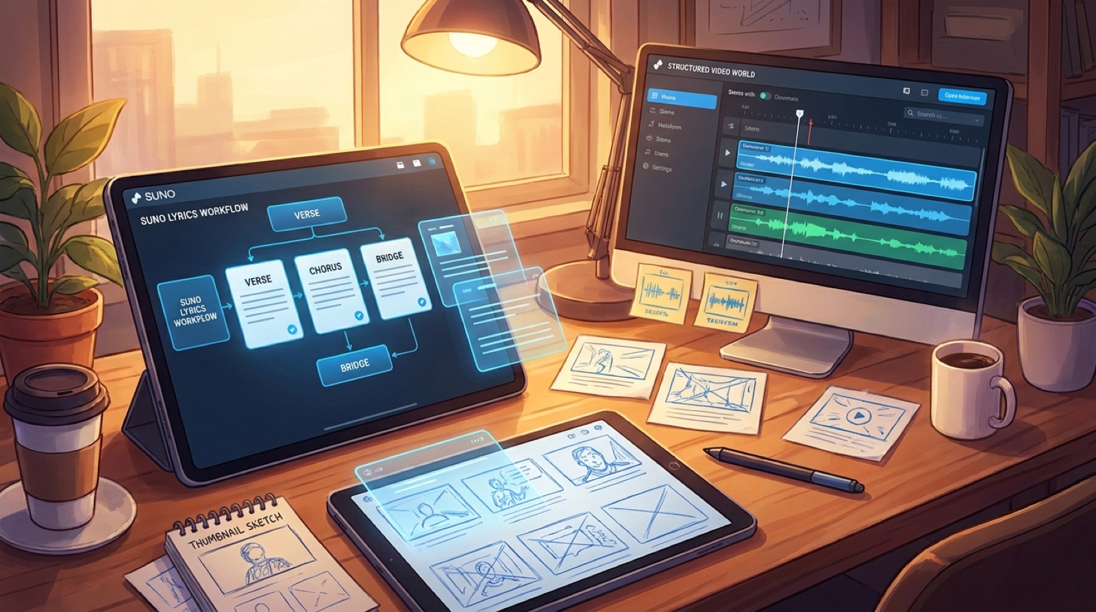 Full-color creator desk with Suno lyric section cards, waveform stems, storyboard frames, thumbnail sketches, and a connected music video timeline.
