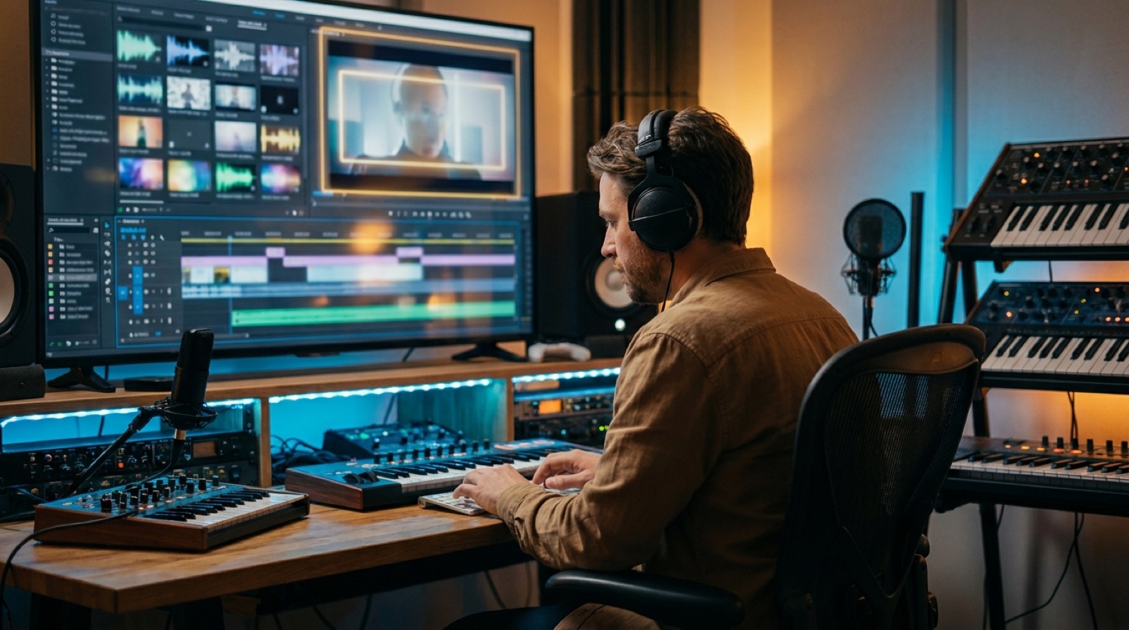 Full-color studio illustration of a Suno creator turning process footage, storyboard frames, and a music video timeline into a finished release package.