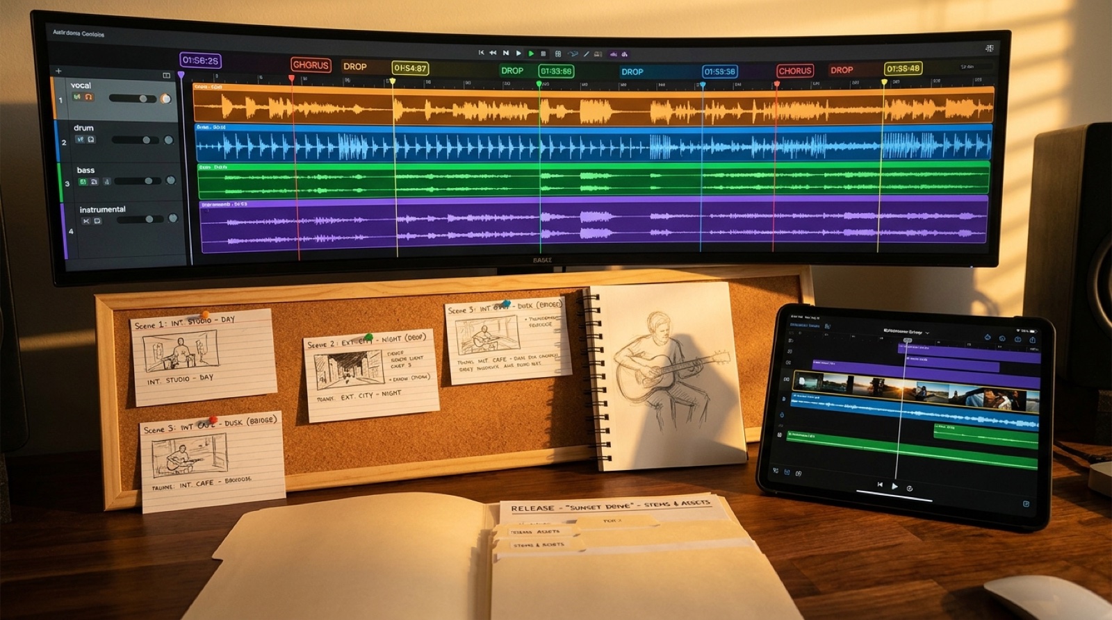 Full-color creator desk with separated vocal, drum, bass, and instrumental stems, timestamp markers, storyboard cards, thumbnail sketch, and a music video timeline.