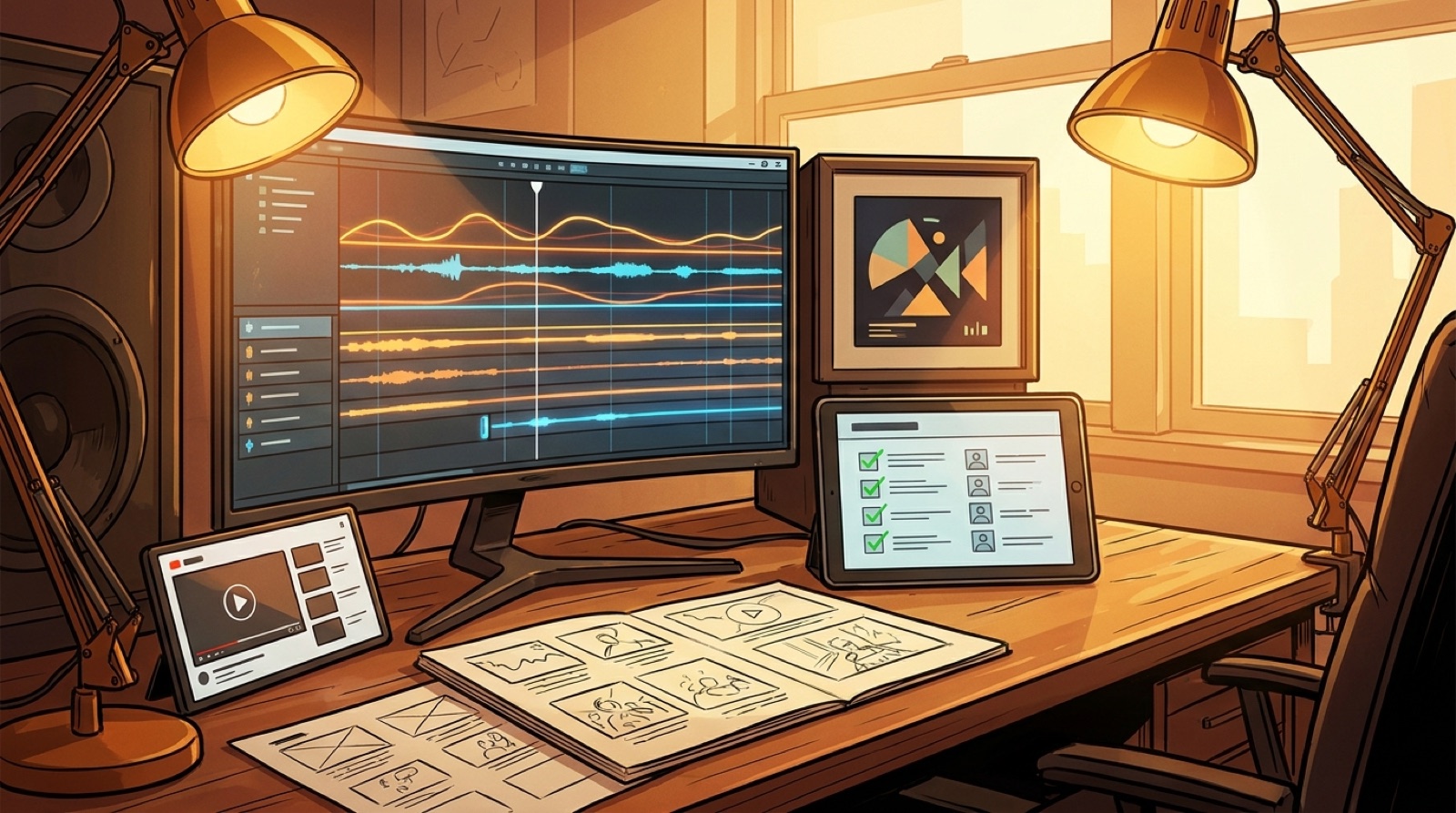 Colorful creator workstation showing a music waveform, video storyboard frames, upload checklist, and thumbnail mockup