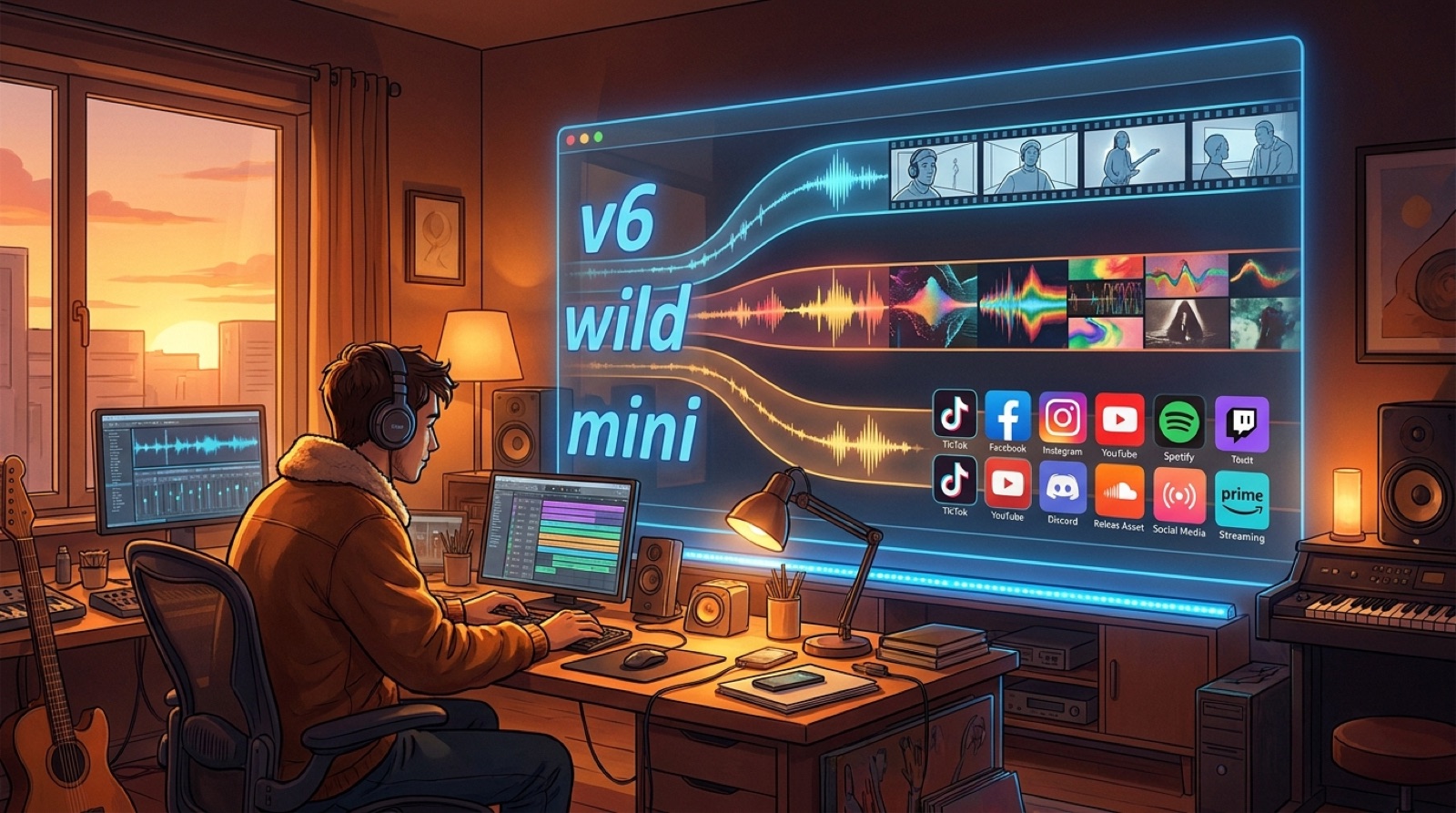 Creator comparing Suno v6, v6-wild, and v6-mini audio lanes while building a music video storyboard and release asset board