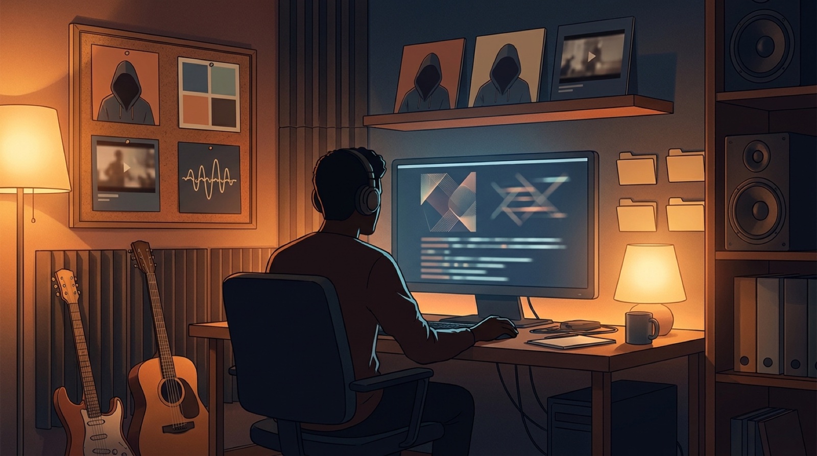 Full-color illustration of an AI music creator planning connected channel thumbnails, color swatches, first frames, waveforms, and release folders in a warm studio.