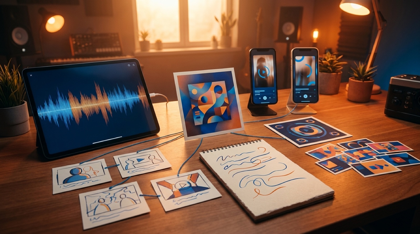 A full-color music studio desk showing one finished song becoming cover art, video frames, short clips, a Canvas loop, and release notes.