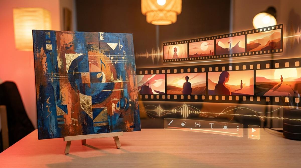 Colorful album cover artwork flowing into a cinematic music video storyboard