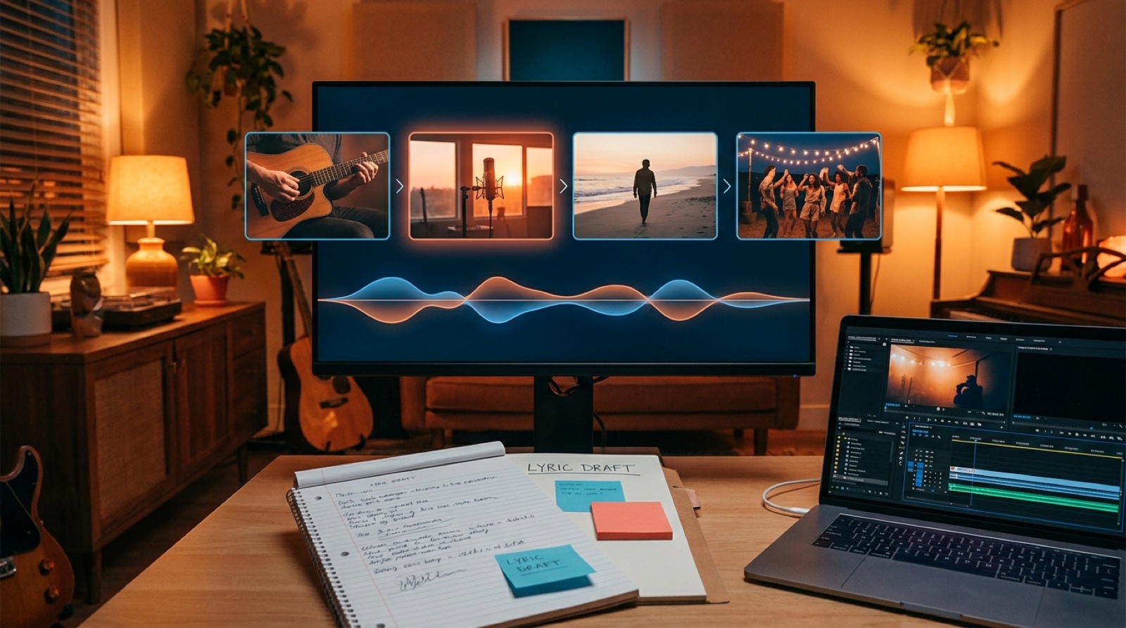 Colorful studio desk where song lyrics become connected music video scene frames