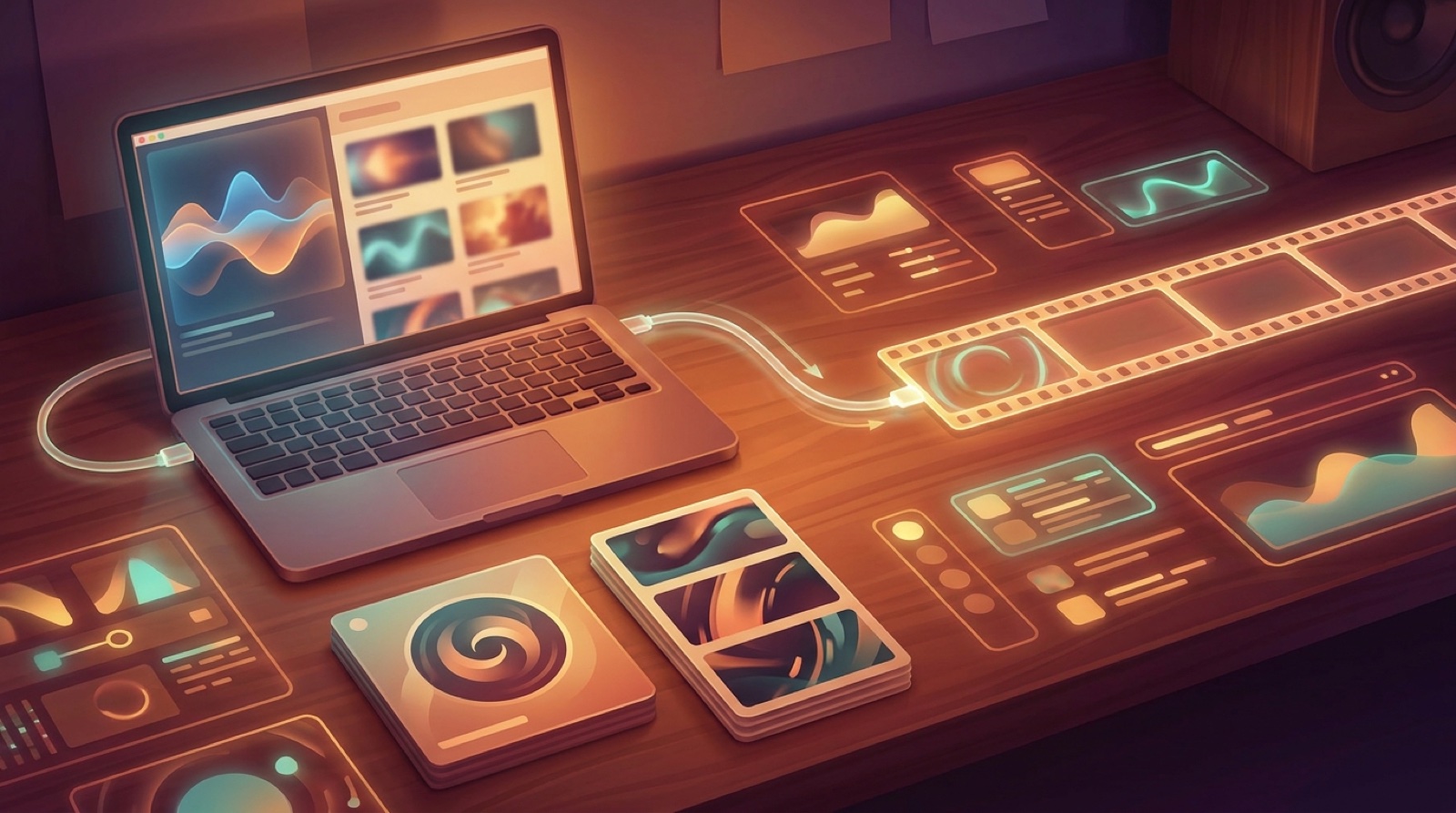 A colorful creator desk showing a Udio audio export, cover image, video scene frames, YouTube upload plan, and short clip crops.