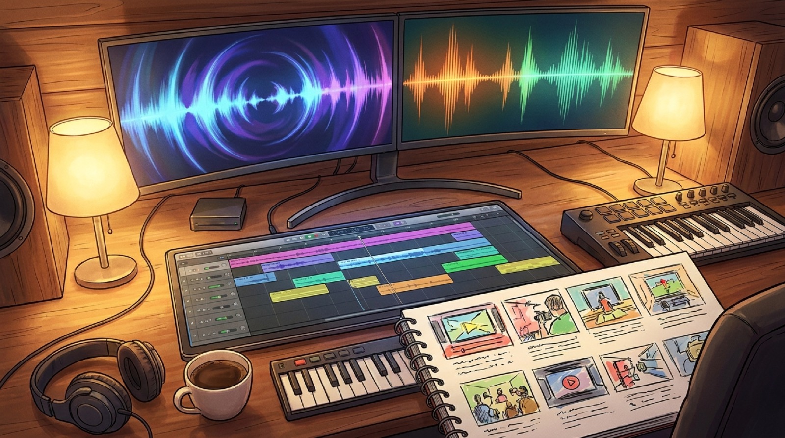 Colorful studio desk where two AI music waveforms flow into a coherent music video storyboard