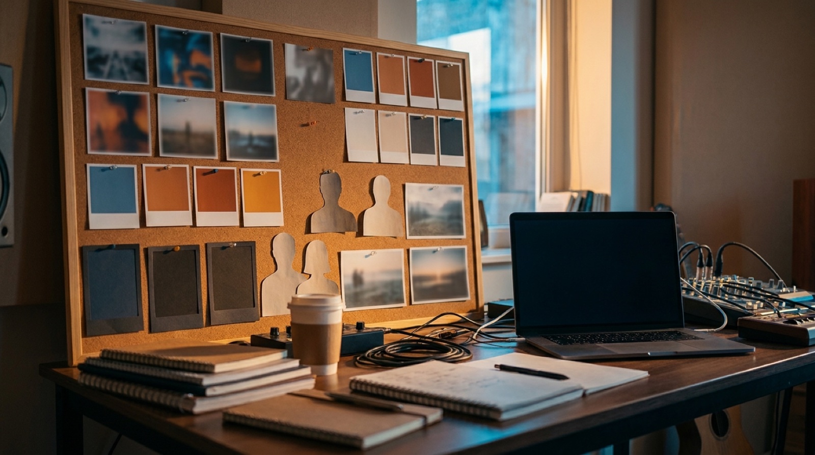 A full-color studio moodboard showing recurring AI music cover frames, thumbnail layouts, scene stills, and color swatches for one connected release system.