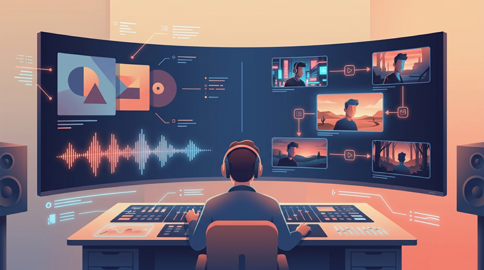 A music producer compares a simple waveform visualizer with a connected set of cinematic music video scenes on a studio screen.