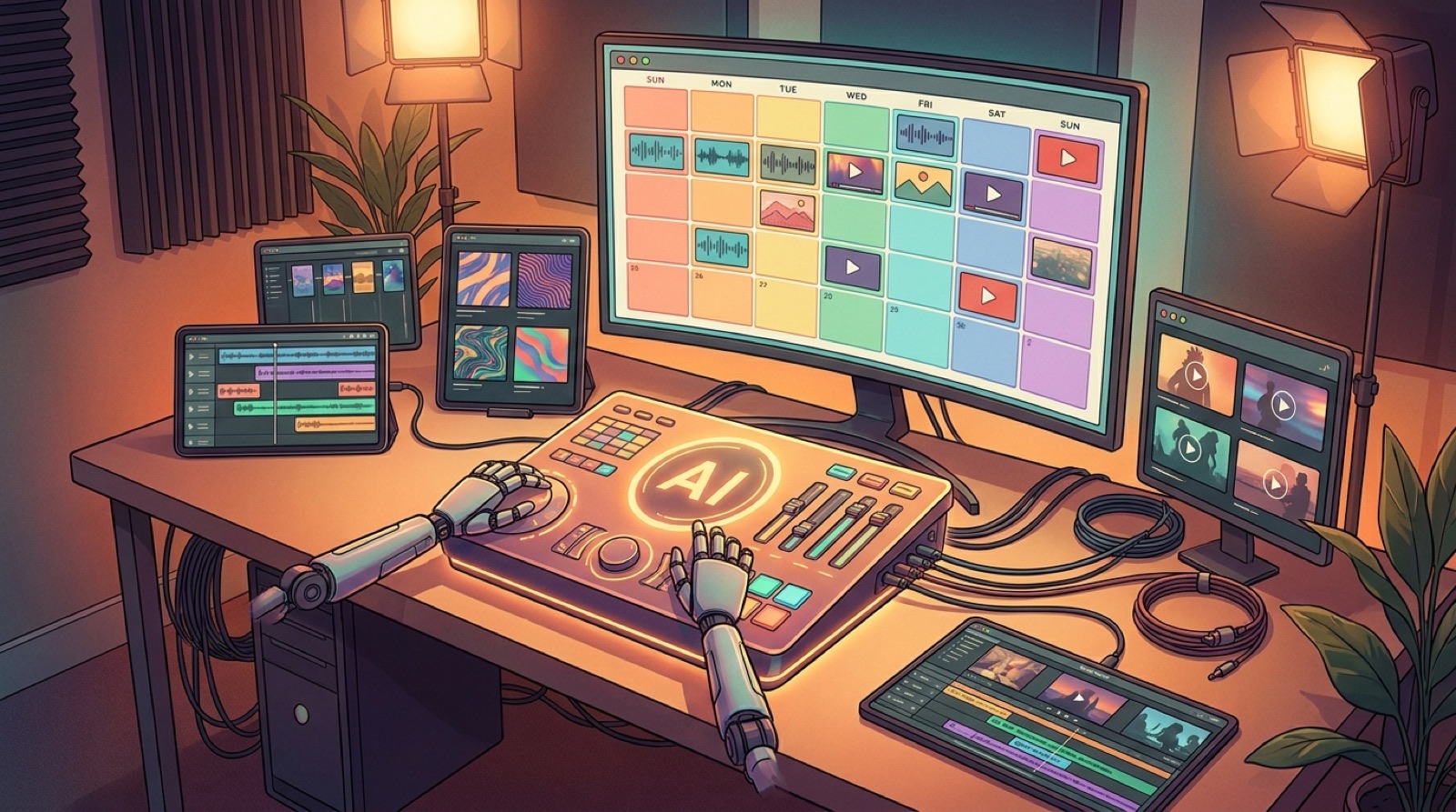 A music creator plans a weekly release calendar with audio timelines, video clips, cover art, and launch assets on studio screens.